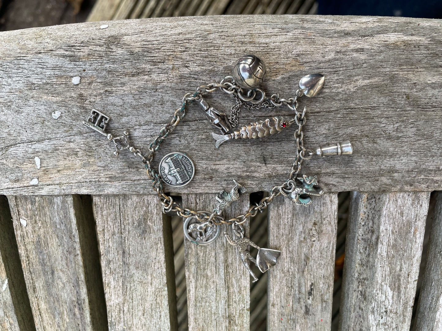 Vintage Silver Charm Bracelet 31g – 12 Charms inc. Malmö Rådhuset, Red-Eyed Fish, Soldier, Key 835, Football & More Collectible