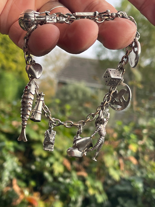 Vintage Silver Charm Bracelet 31g – 12 Charms inc. Malmö Rådhuset, Red-Eyed Fish, Soldier, Key 835, Football & More Collectible