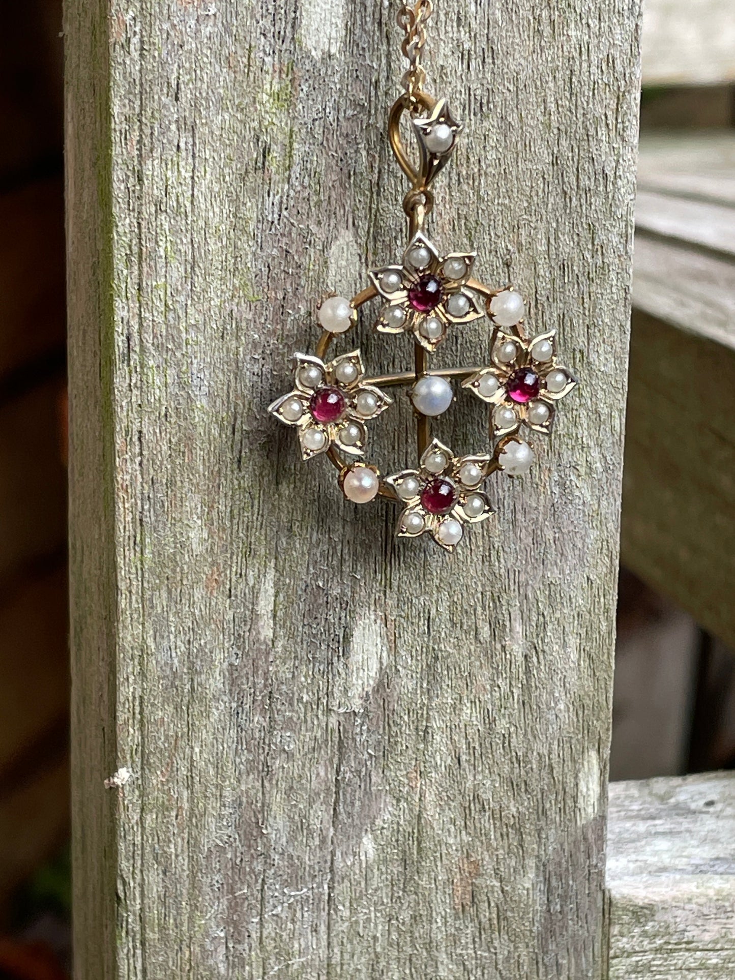 Vintage 925S Gilt Silver Pearl & Red Stone Brooch Pendant Necklace – MI Makers Mark, Scandinavian/Italian Silver Jewellery 15" Chain