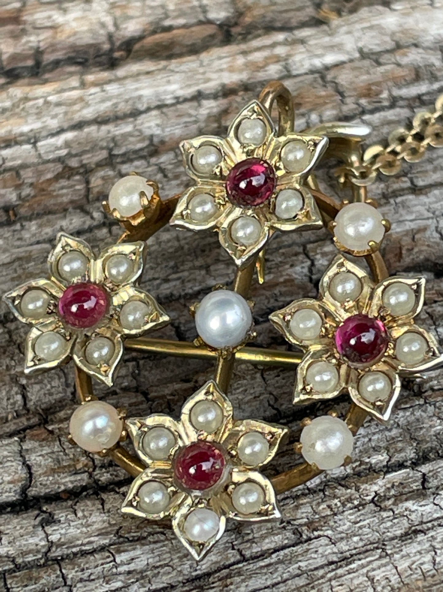 Vintage 925S Gilt Silver Pearl & Red Stone Brooch Pendant Necklace – MI Makers Mark, Scandinavian/Italian Silver Jewellery 15" Chain
