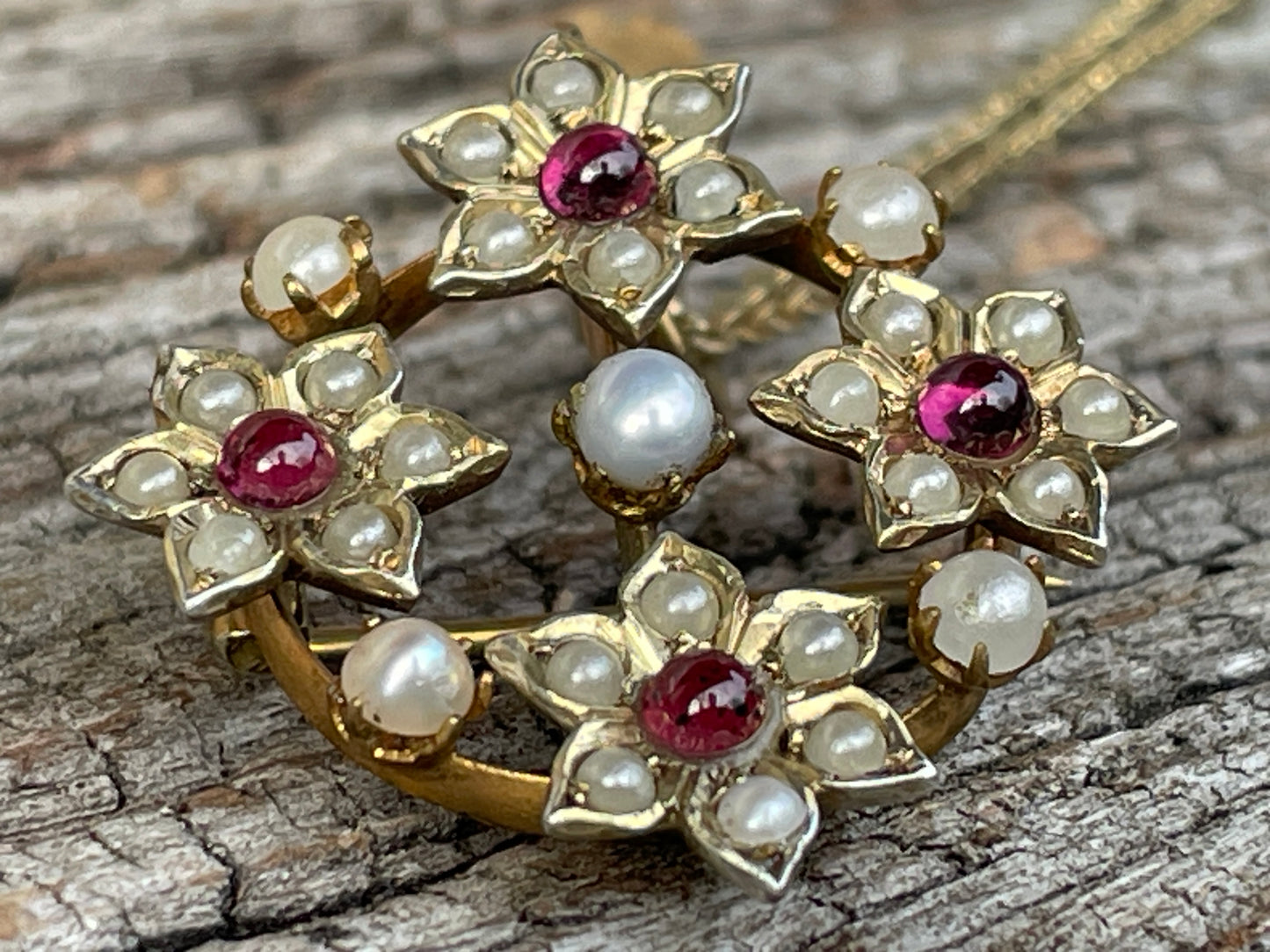 Vintage 925S Gilt Silver Pearl & Red Stone Brooch Pendant Necklace – MI Makers Mark, Scandinavian/Italian Silver Jewellery 15" Chain