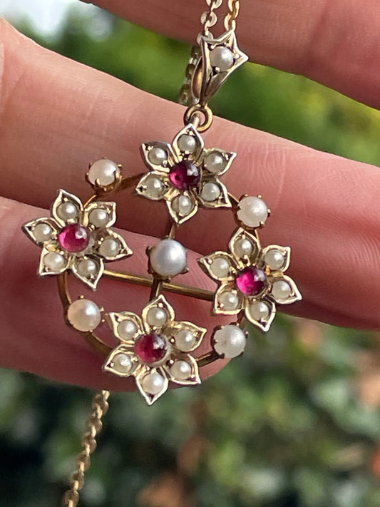 Vintage 925S Gilt Silver Pearl & Red Stone Brooch Pendant Necklace – MI Makers Mark, Scandinavian/Italian Silver Jewellery 15" Chain