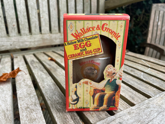 Wallace and Gromit unopened mini easter egg in ceramic egg cup 1993