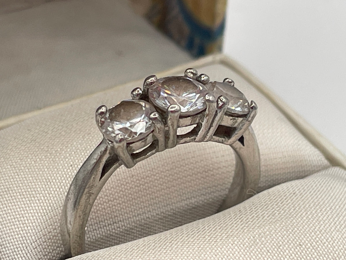 Sterling Silver Three-Stone CZ Trilogy Ring – UK Size L Boxed