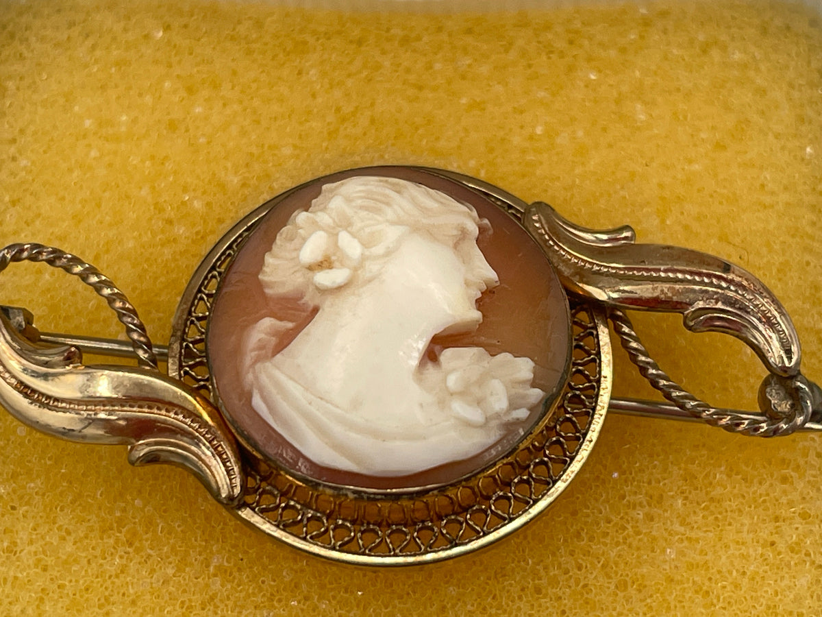 Antique Carved Shell Cameo Brooch, 14K Gold Filled Filigree Mount, Edwardian/Art Nouveau Style, c.1920s/30s