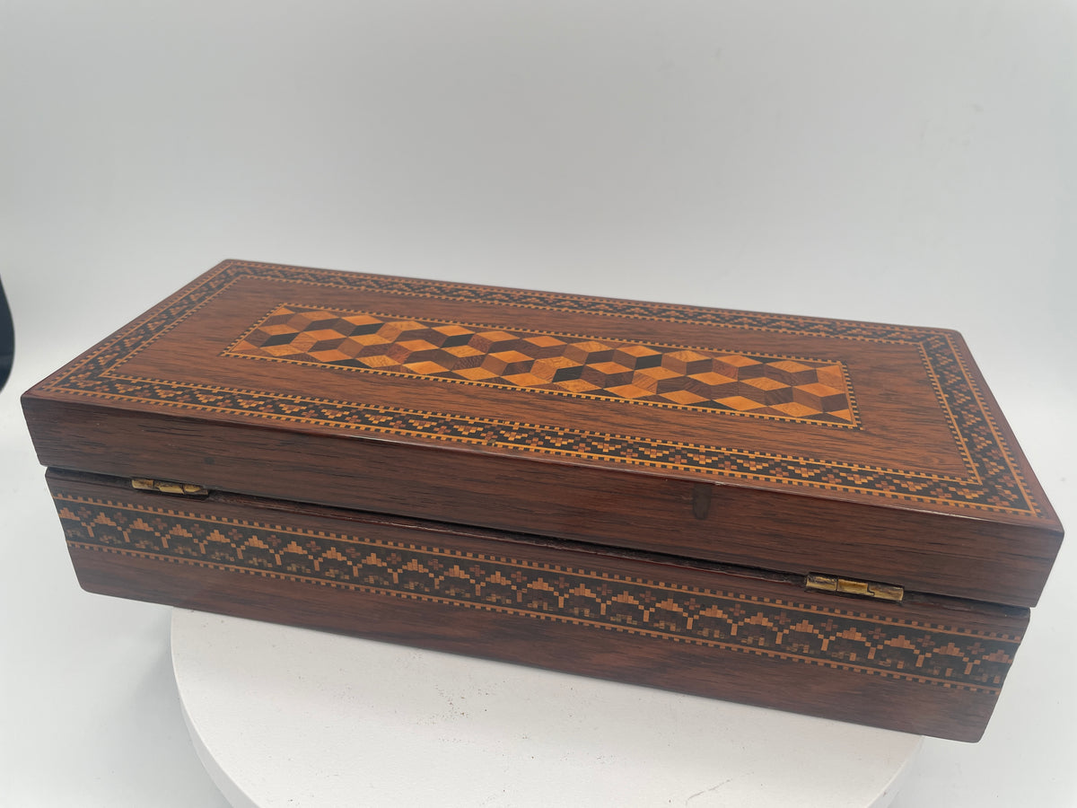 Antique Victorian Tunbridge Ware Mosaic Inlaid Box / Glove Box – 23.5cm Cube Mosaic & Cubes c1870