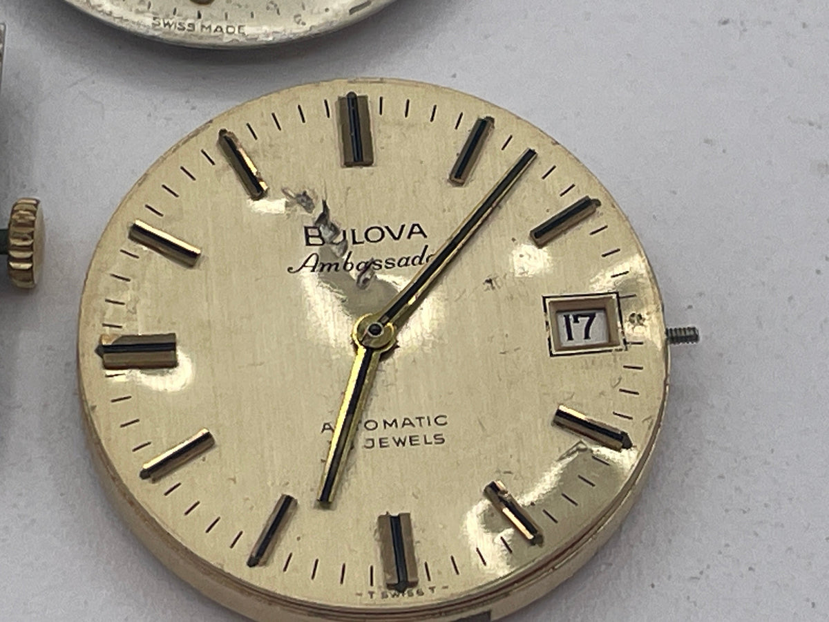 Vintage Mixed Lot of Swiss Watch Movements & Watch Heads: Longines 17 Jewels, Zenith 19 Jewels & Bulova Ambassador Automatic