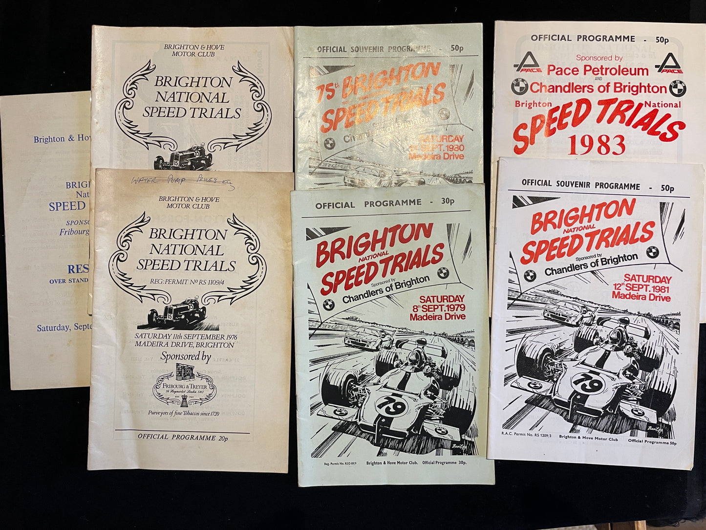 Eight Brighton and Hove Motor Club National Speed trials programmes 70's and 80's