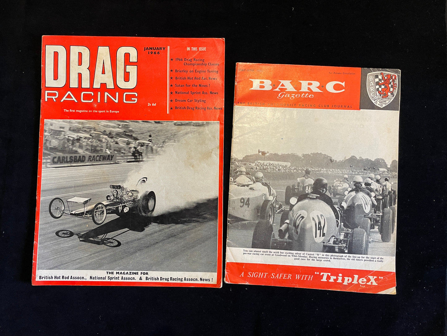 Two vintage automotive memorabilia magazines drag racing 1966 and B.A.R.C. gazette 1961
