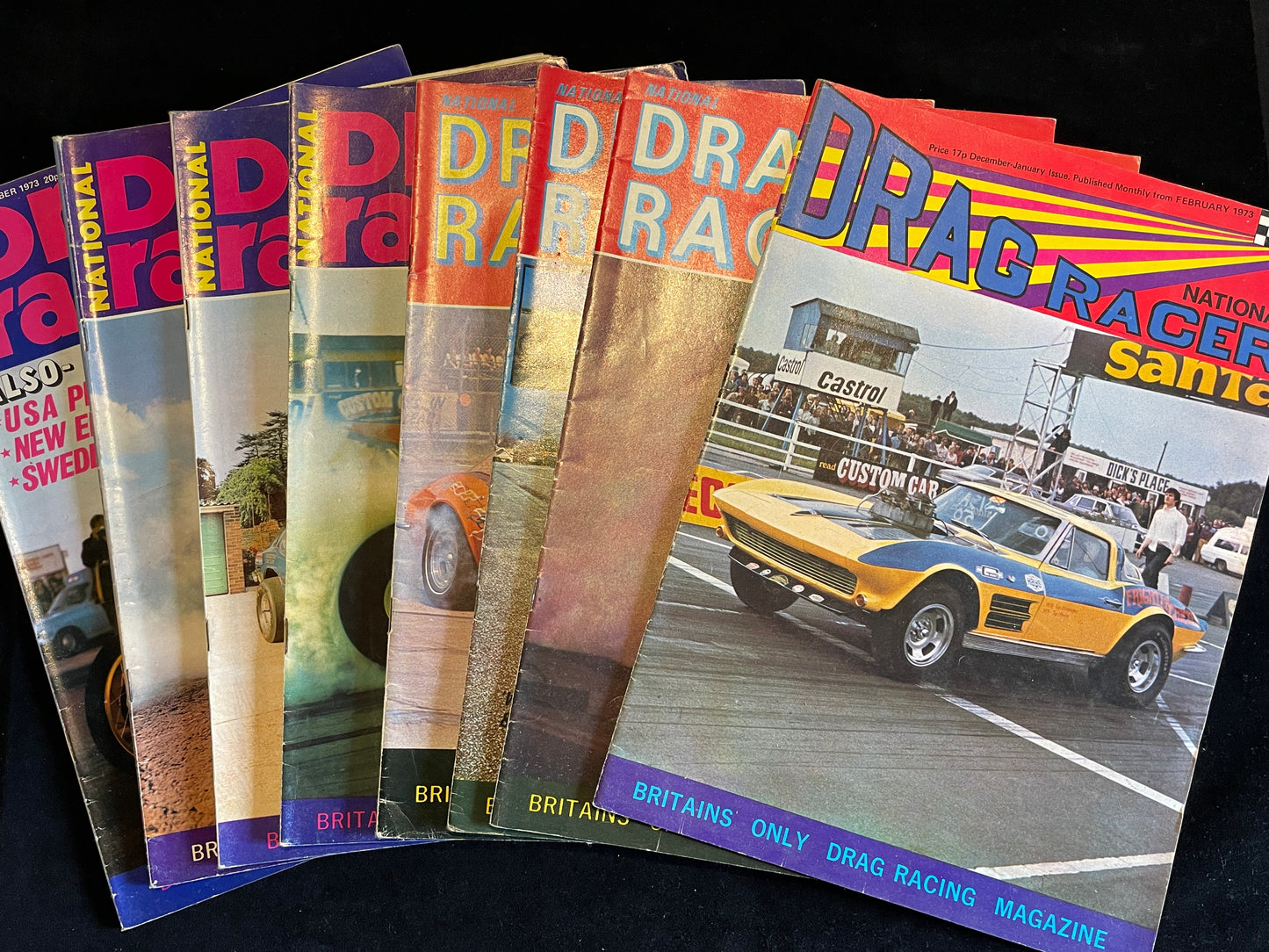 Eight original vintage National Drag Racer magazines from 1973