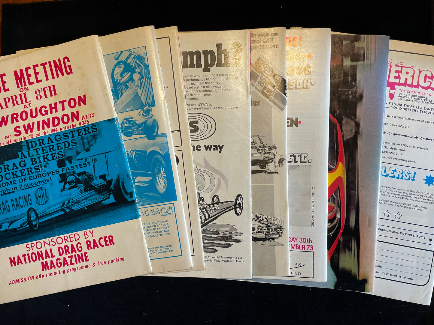 Eight original vintage National Drag Racer magazines from 1973