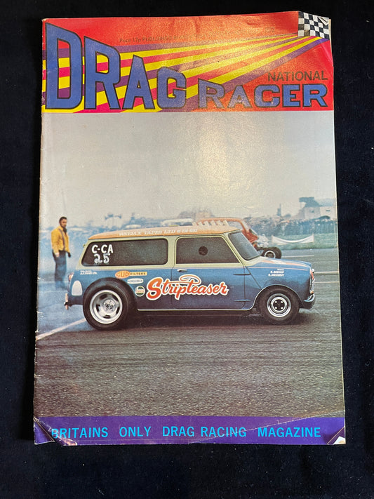An original vintage National Drag Racer magazines from 1972 and two rare car stickers