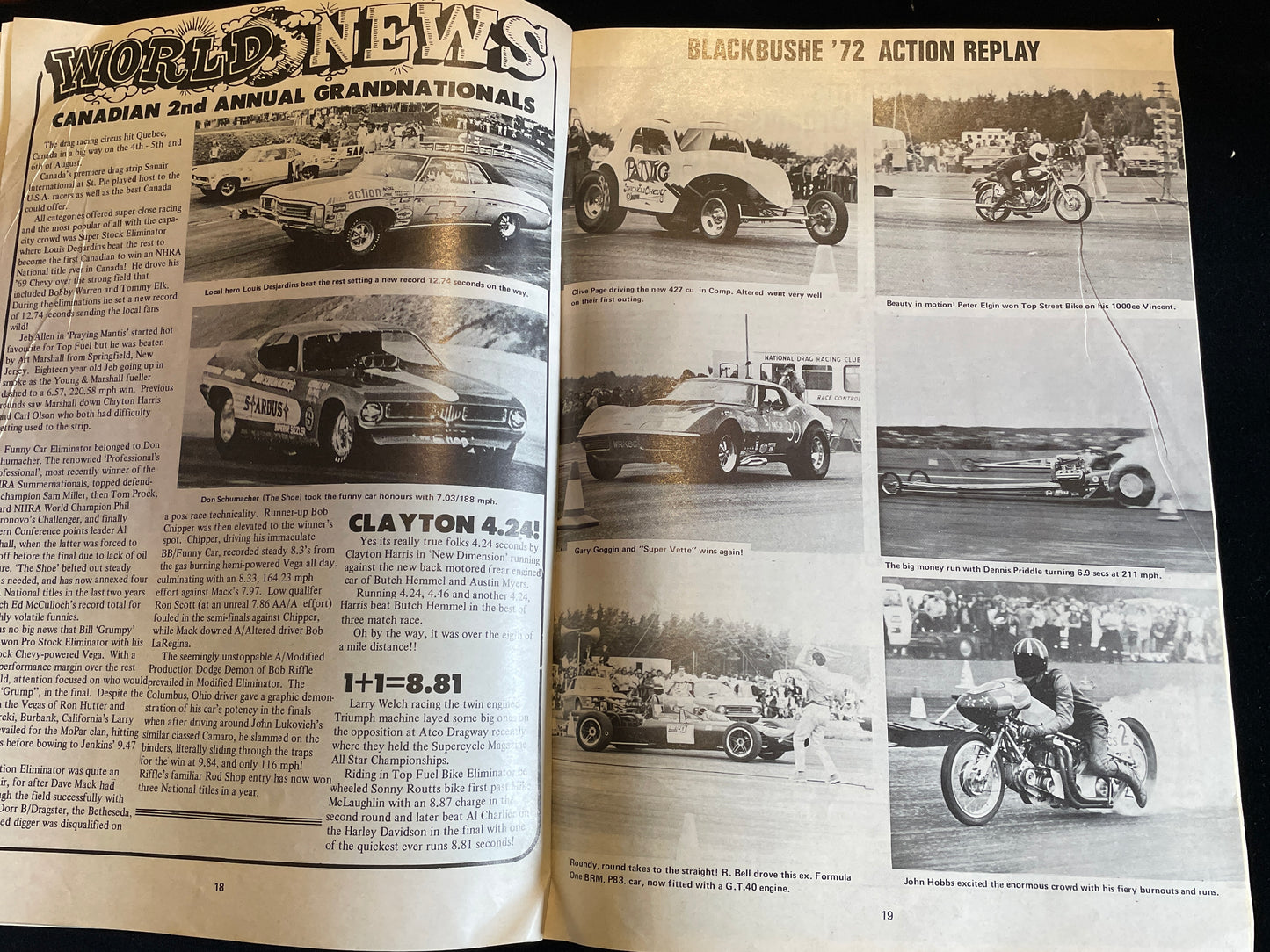 An original vintage National Drag Racer magazines from 1972 and two rare car stickers