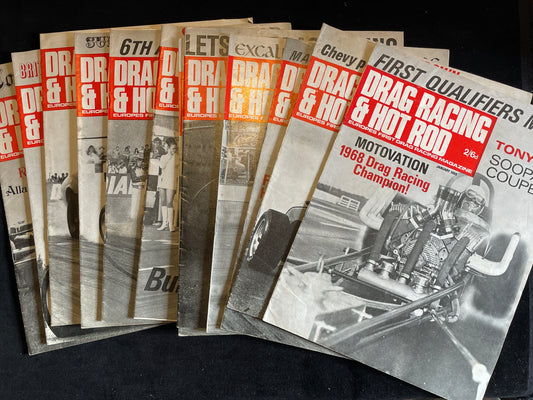 Twelve original vintage Drag Racing and Hot Rod magazines from 1969