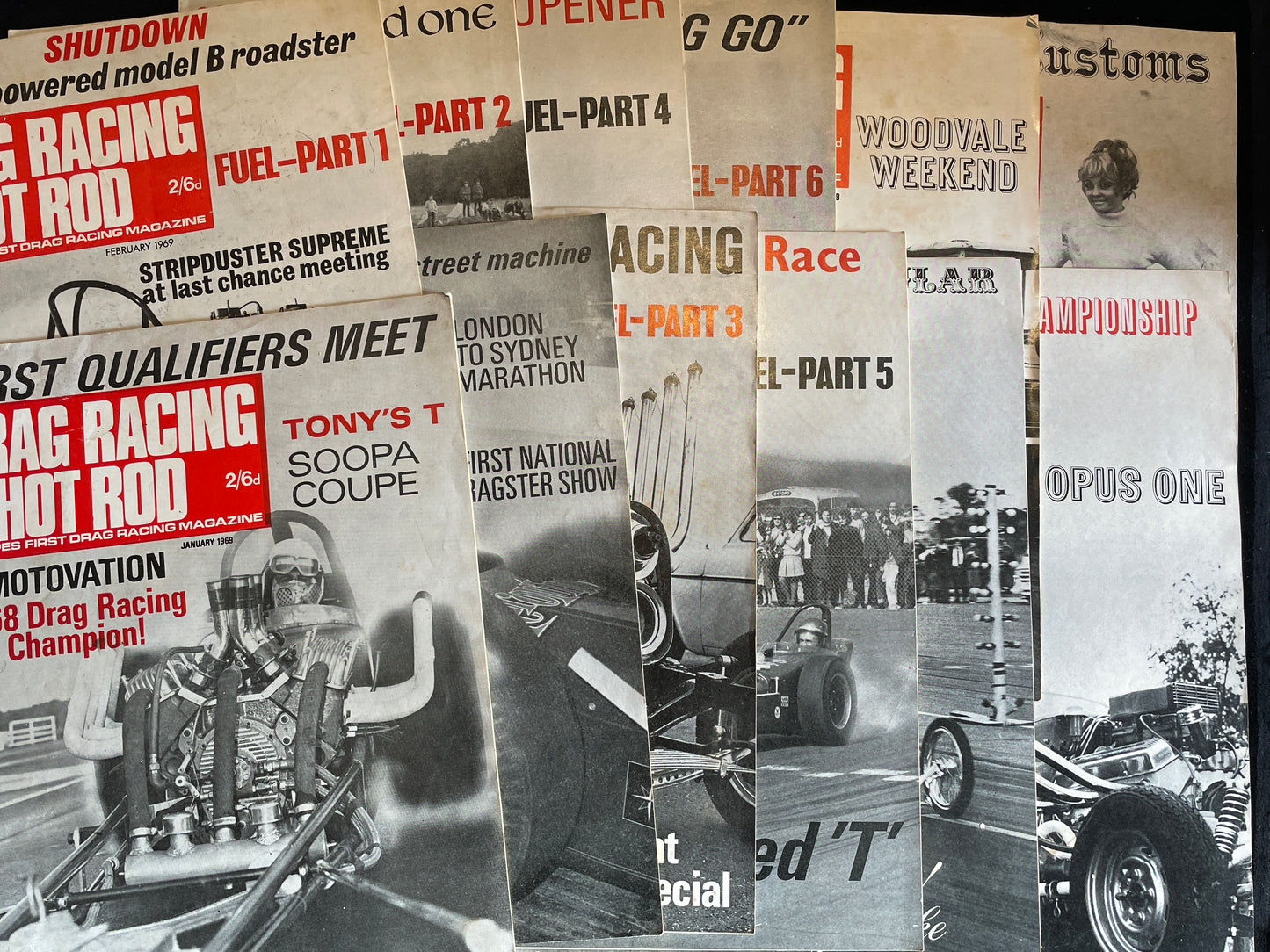 Twelve original vintage Drag Racing and Hot Rod magazines from 1969