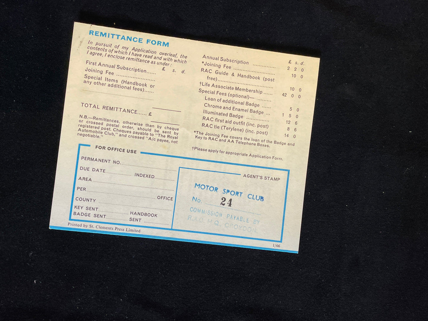 Original immaculate 1960's RAC application and information form