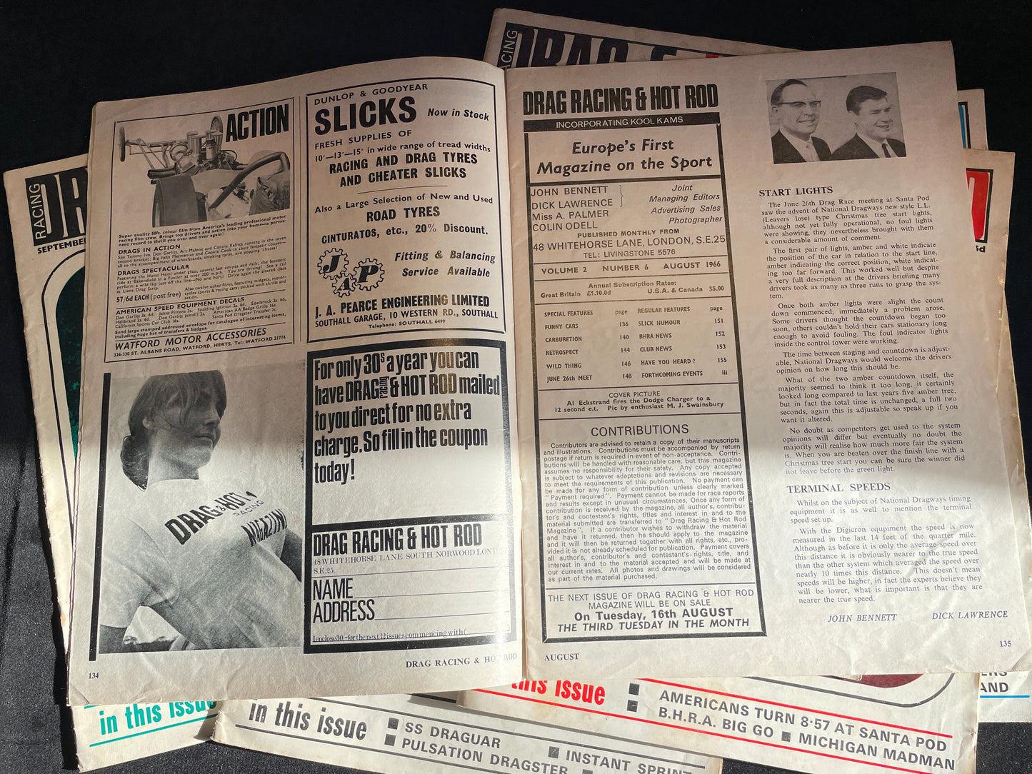 Six original vintage Drag Racing and Hot Rod magazines 1966