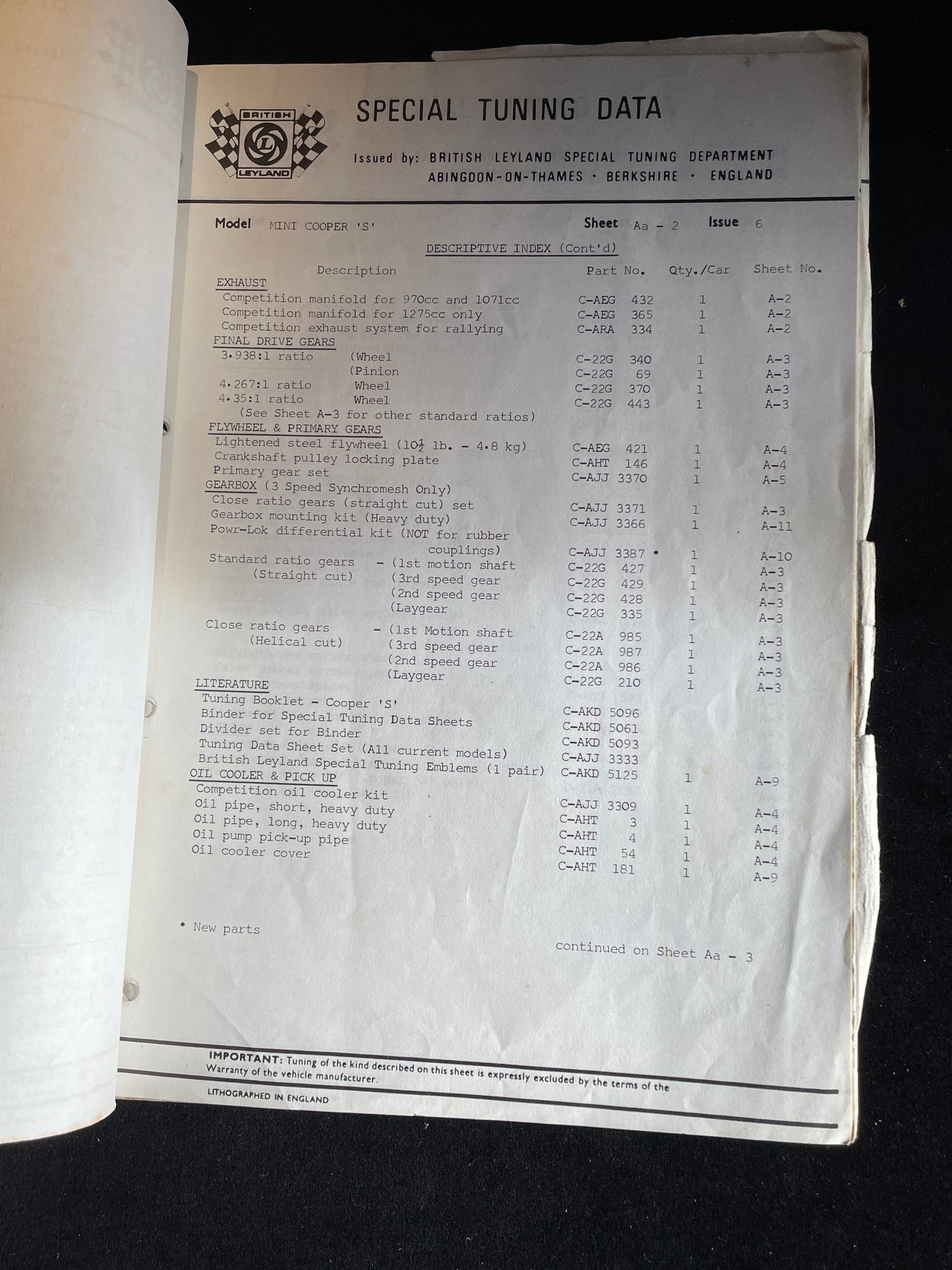 Original Vintage British Leyland Mini Cooper Special tuning pamphlet issue 6