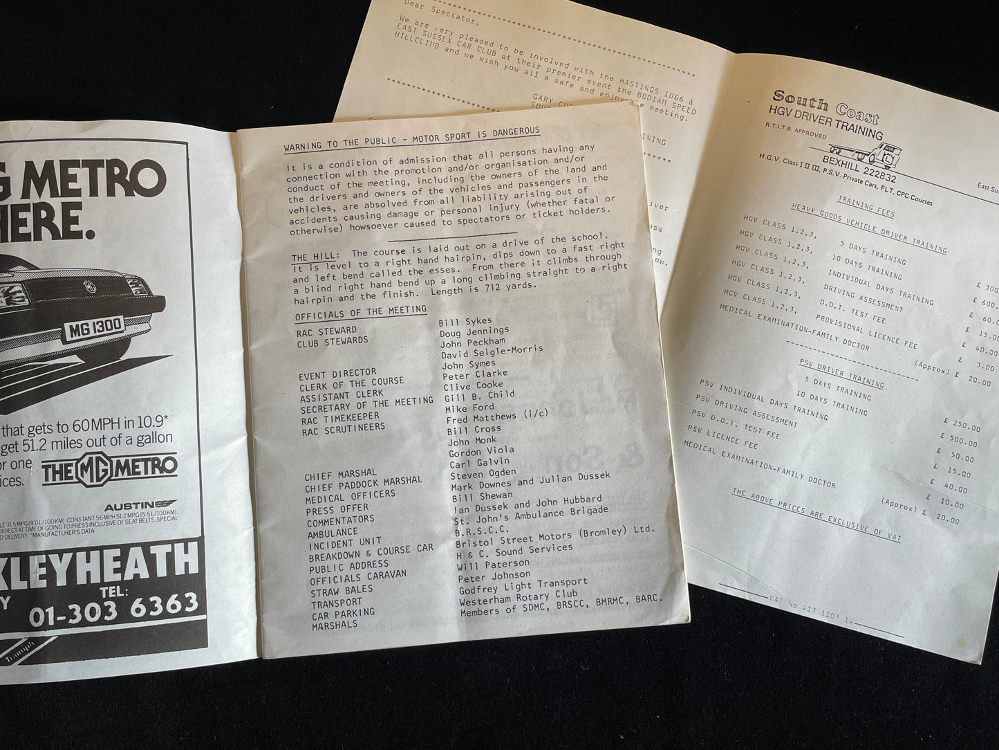 Original Sevenoaks Hill Climb 1984 and South Coast Driver training brochures