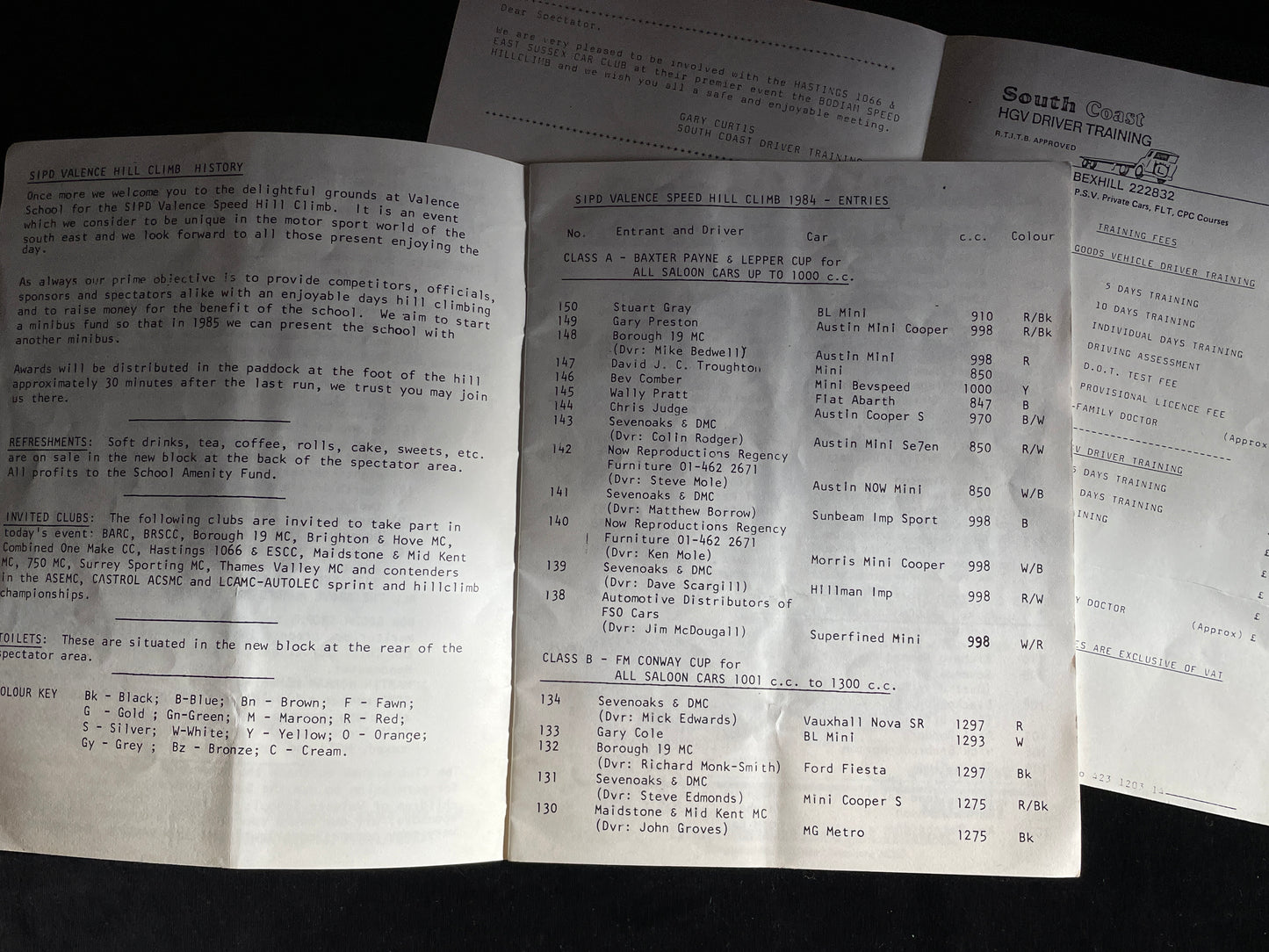 Original Sevenoaks Hill Climb 1984 and South Coast Driver training brochures