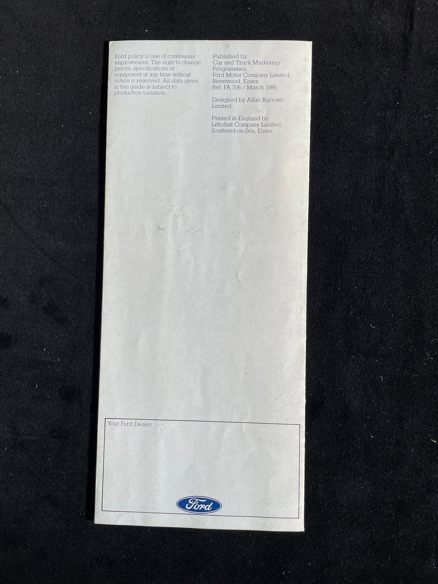 Original Ford cars colour and trim guide brochure from March 1986