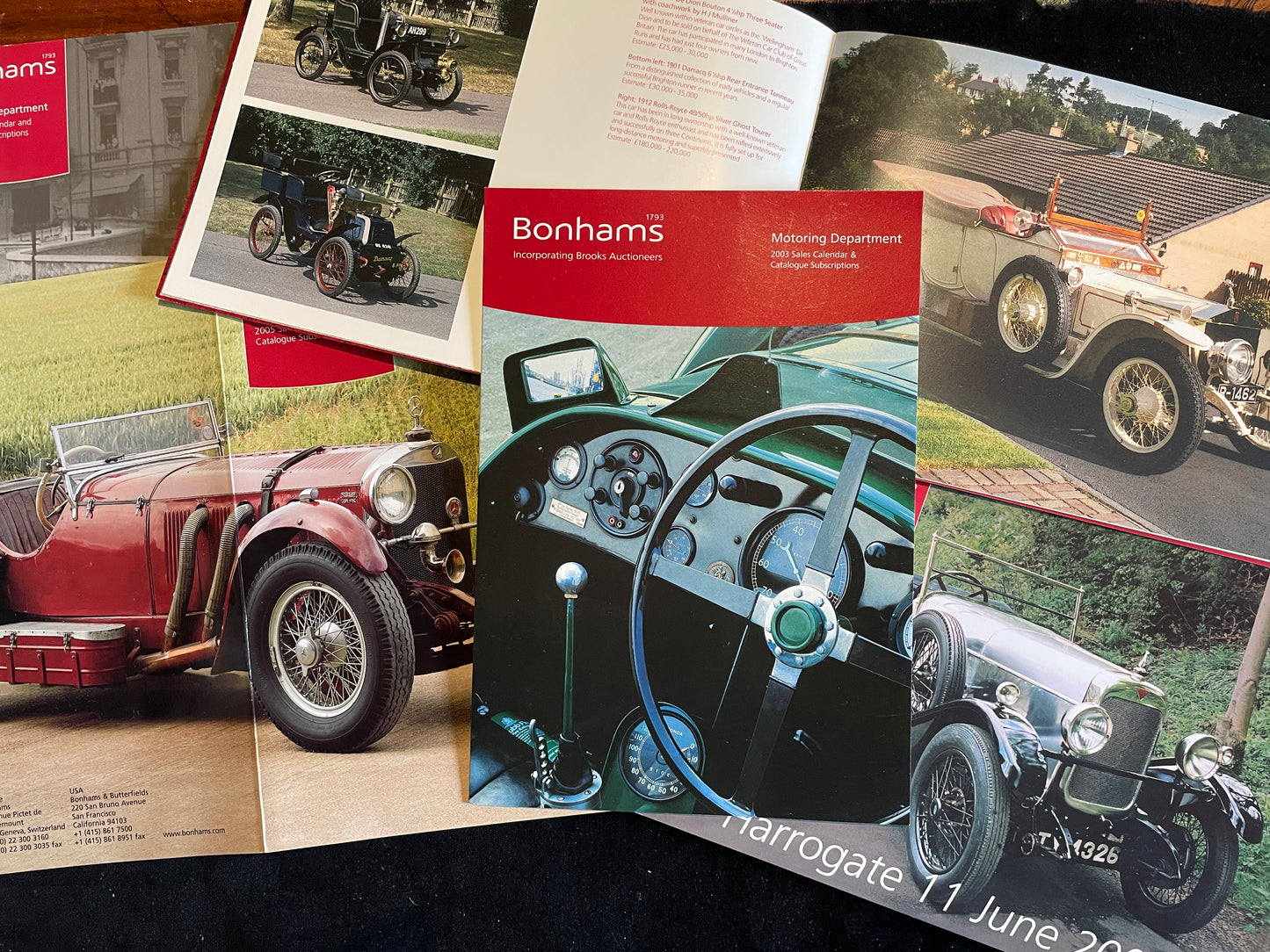 Eight Bonhams motor automotive brochures and pamphlets advertising pending automotive auctions