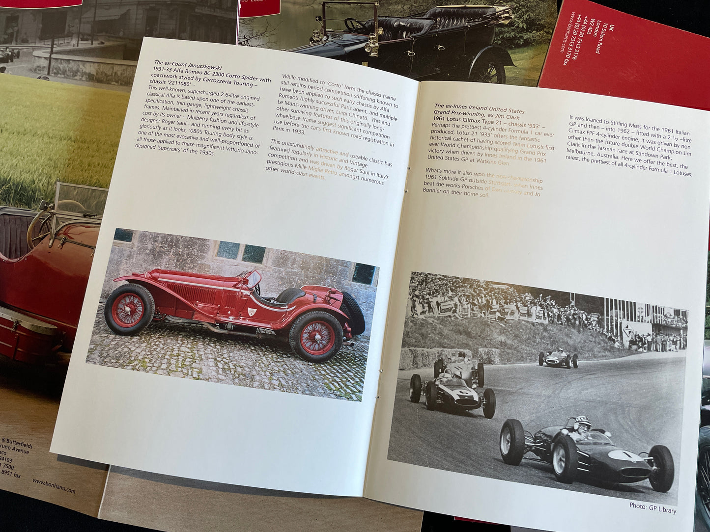Eight Bonhams motor automotive brochures and pamphlets advertising pending automotive auctions