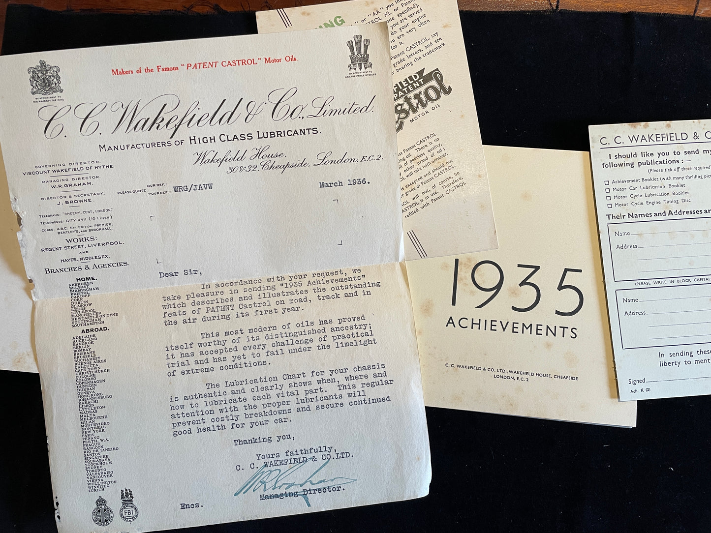 Castrol Achievements 1935 Racing and Rallying Cars and Motorcycles brochure with original signed letter