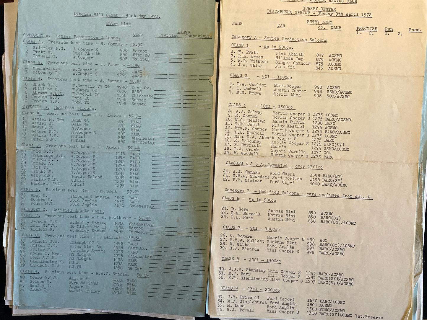Original Motor racing time and class sheets from 60's and 70's hill climbs and pursuits