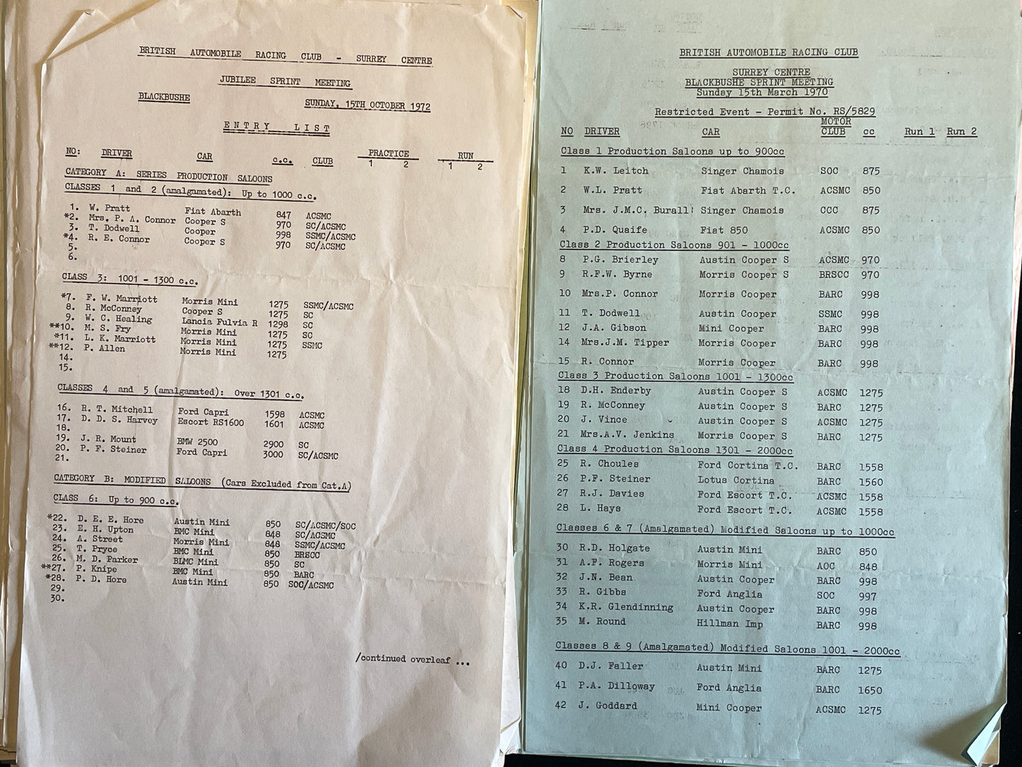 Original Motor racing time and class sheets from 60's and 70's hill climbs and pursuits