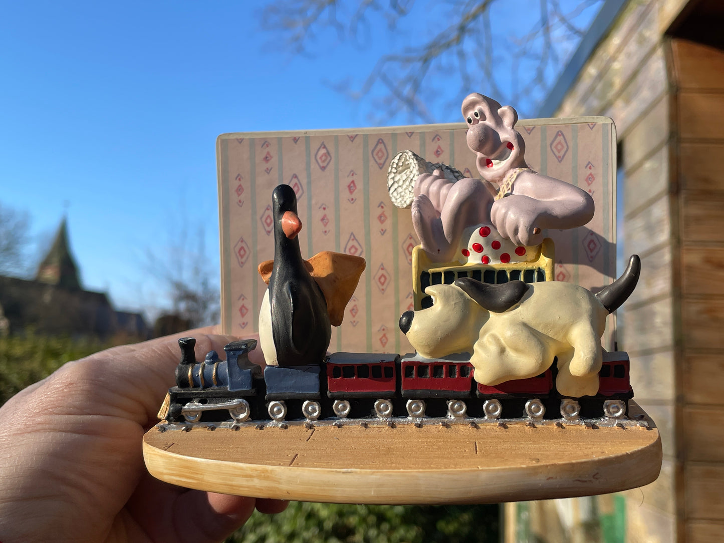 Original vintage Wallace and Gromit Ornament by C and T.M. depicting train chase scene