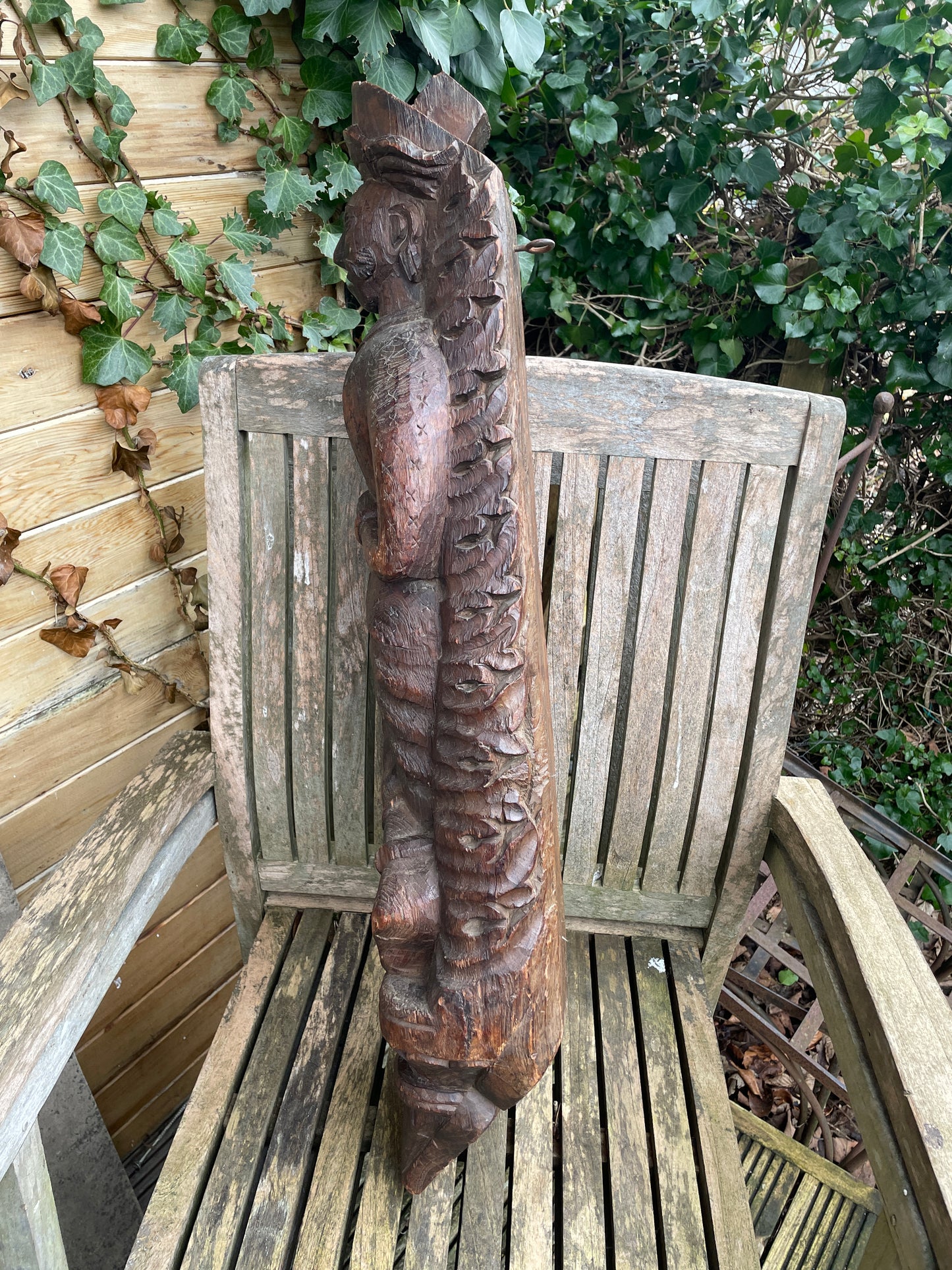 Antique Indian folk art hand carved carving of moustached man - hardwood - 7kg 77cm tall