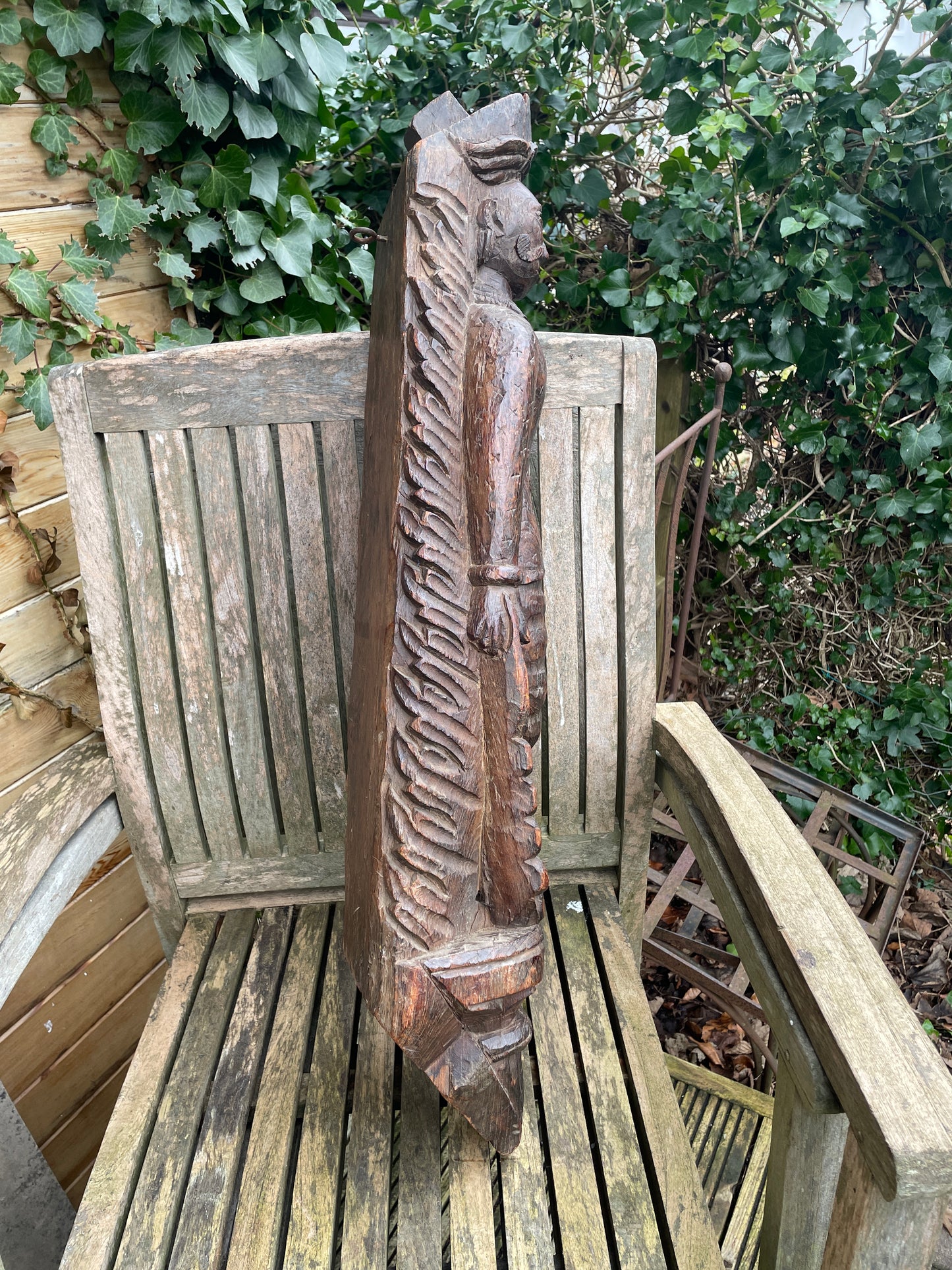 Antique Indian folk art hand carved carving of moustached man - hardwood - 7kg 77cm tall