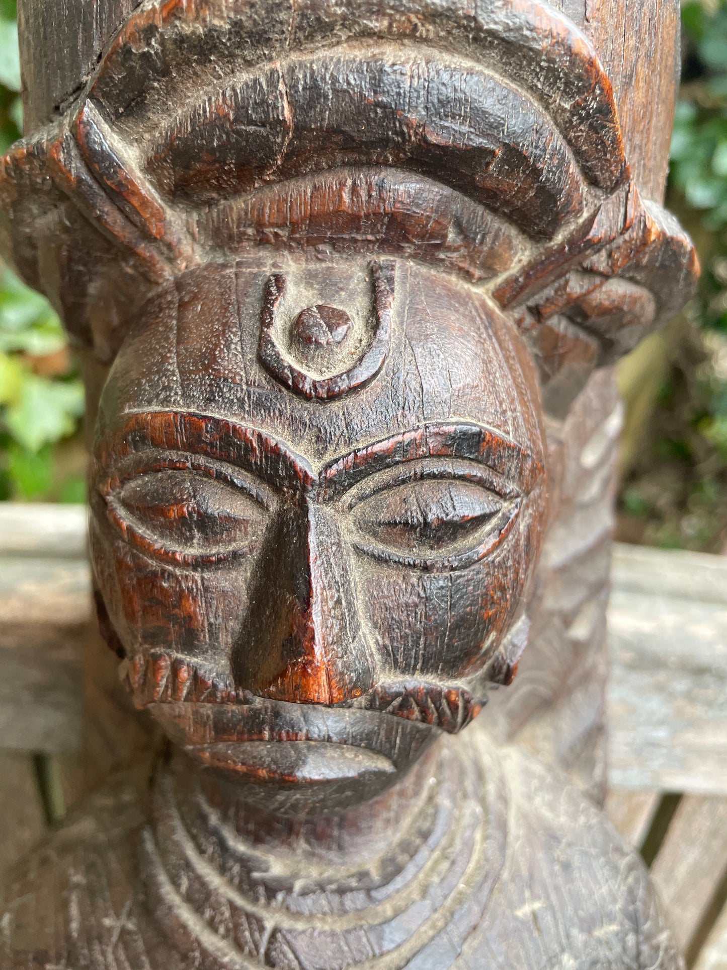 Antique Indian folk art hand carved carving of moustached man - hardwood - 7kg 77cm tall