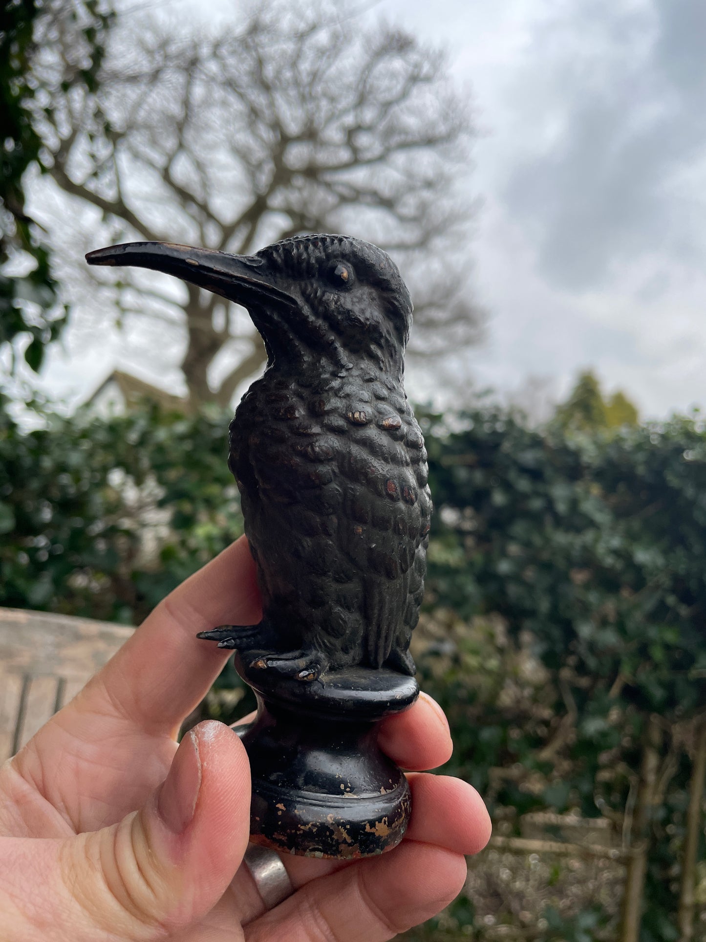 Car mascot -cold painted bronze study of a kingfisher 0n metal base c1890