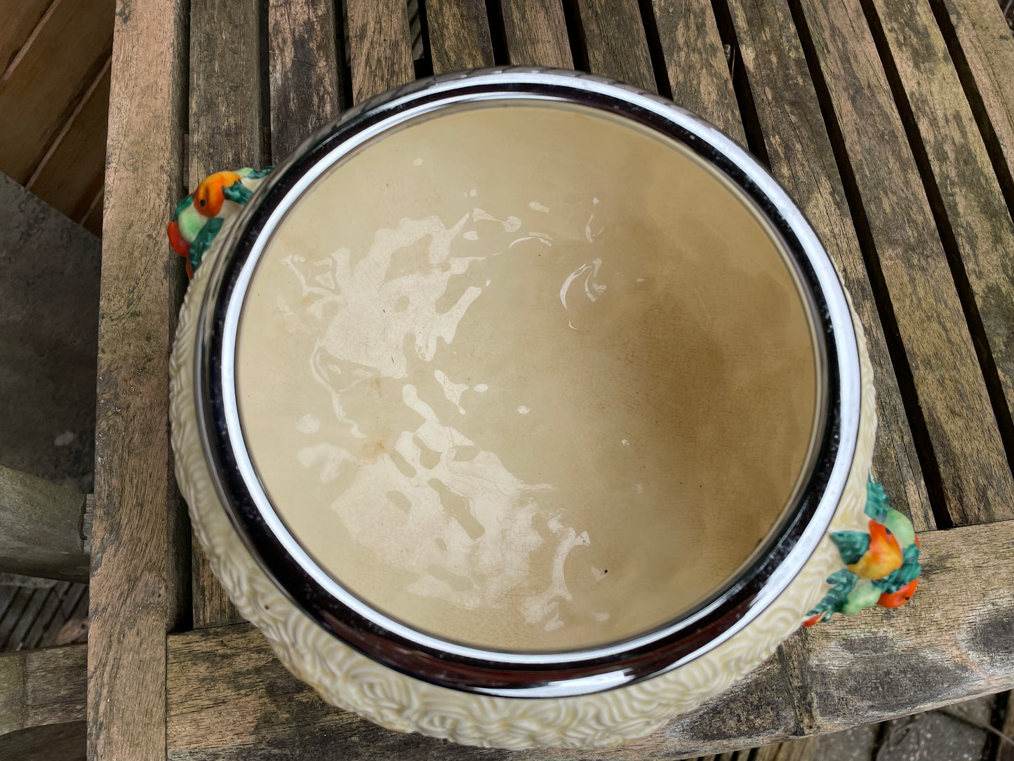 Clarice Cliff Celtic Harvest Newport Pottery England white metal rimmed salad fruit bowl 27cm wide