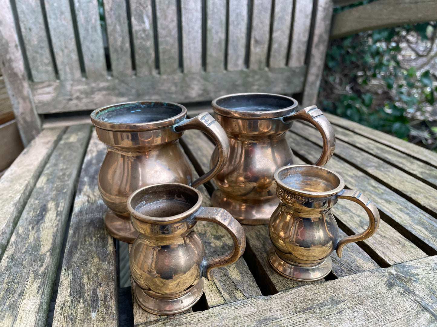 Antique copper brass measures marked ER and VR