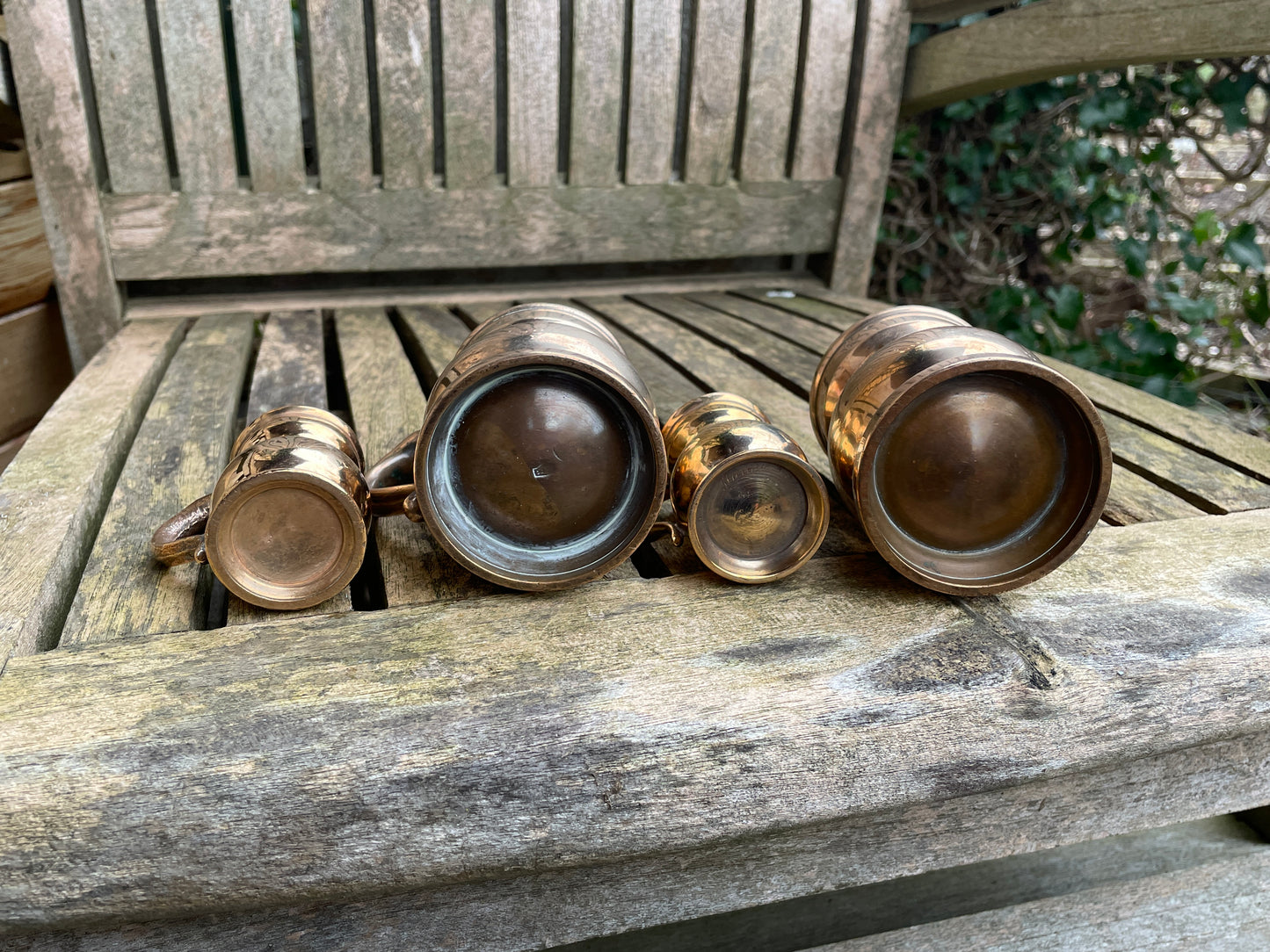 Antique copper brass measures marked ER and VR