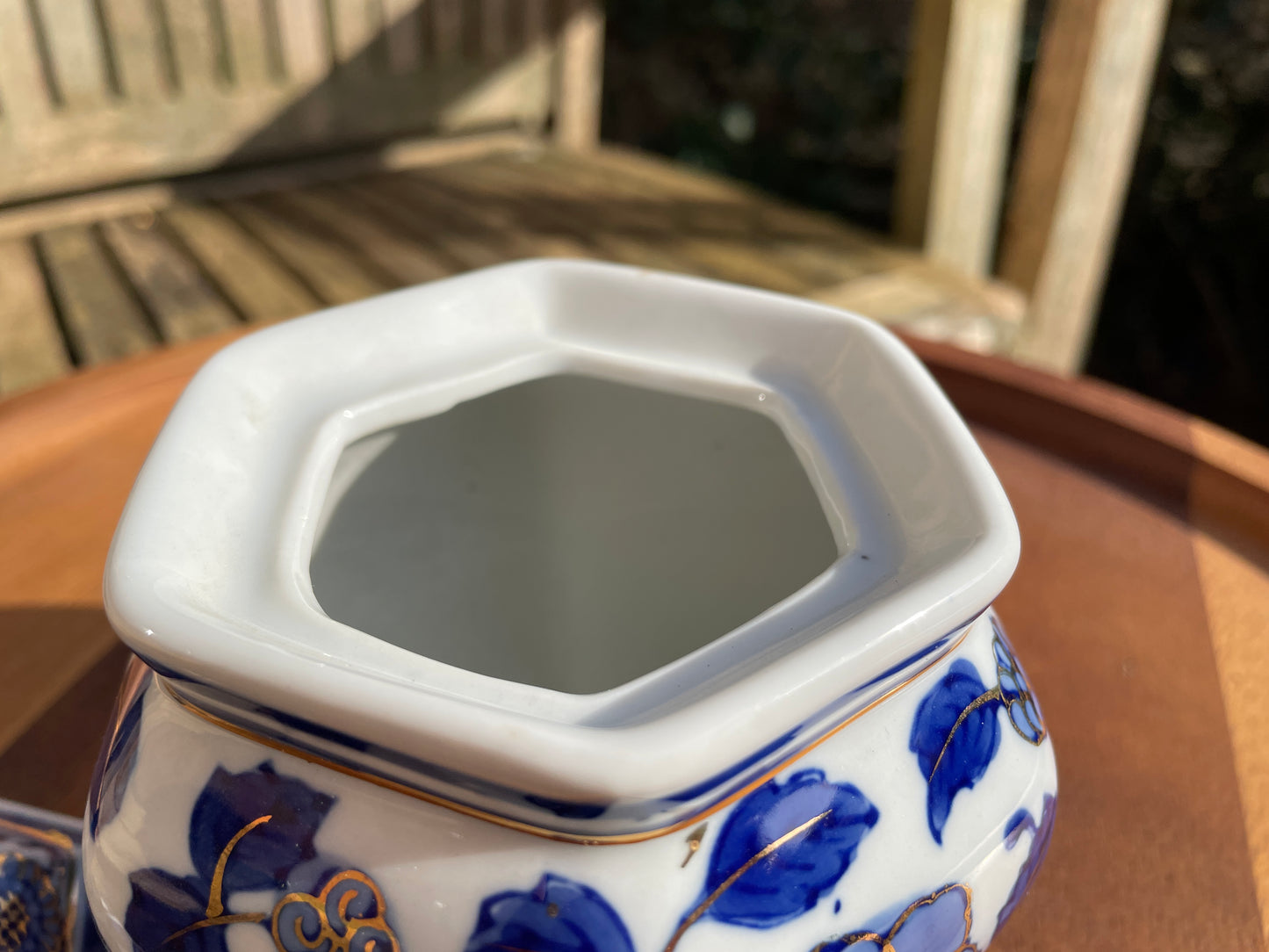 Hexagonal porcelain hand painted gilded oriental lidded pot 12cm tall