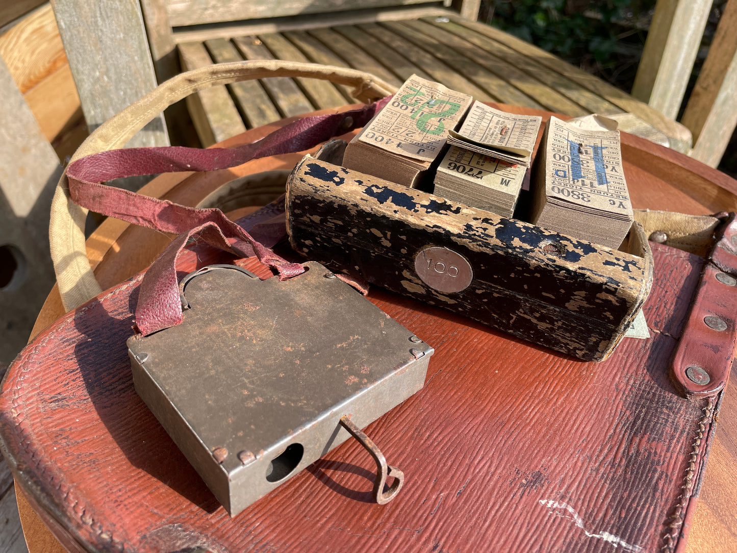 Vintage leather London bus conductors bag , bus ticket holder and child ticket dispenser c1930's