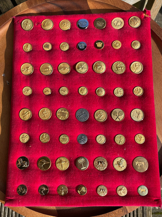 Large Lot Vintage Gilt Blazer Buttons Set c1950s–70s – Nautical, Crown, Animal & Sports Designs, Mixed Sizes on Velvet Display Board
