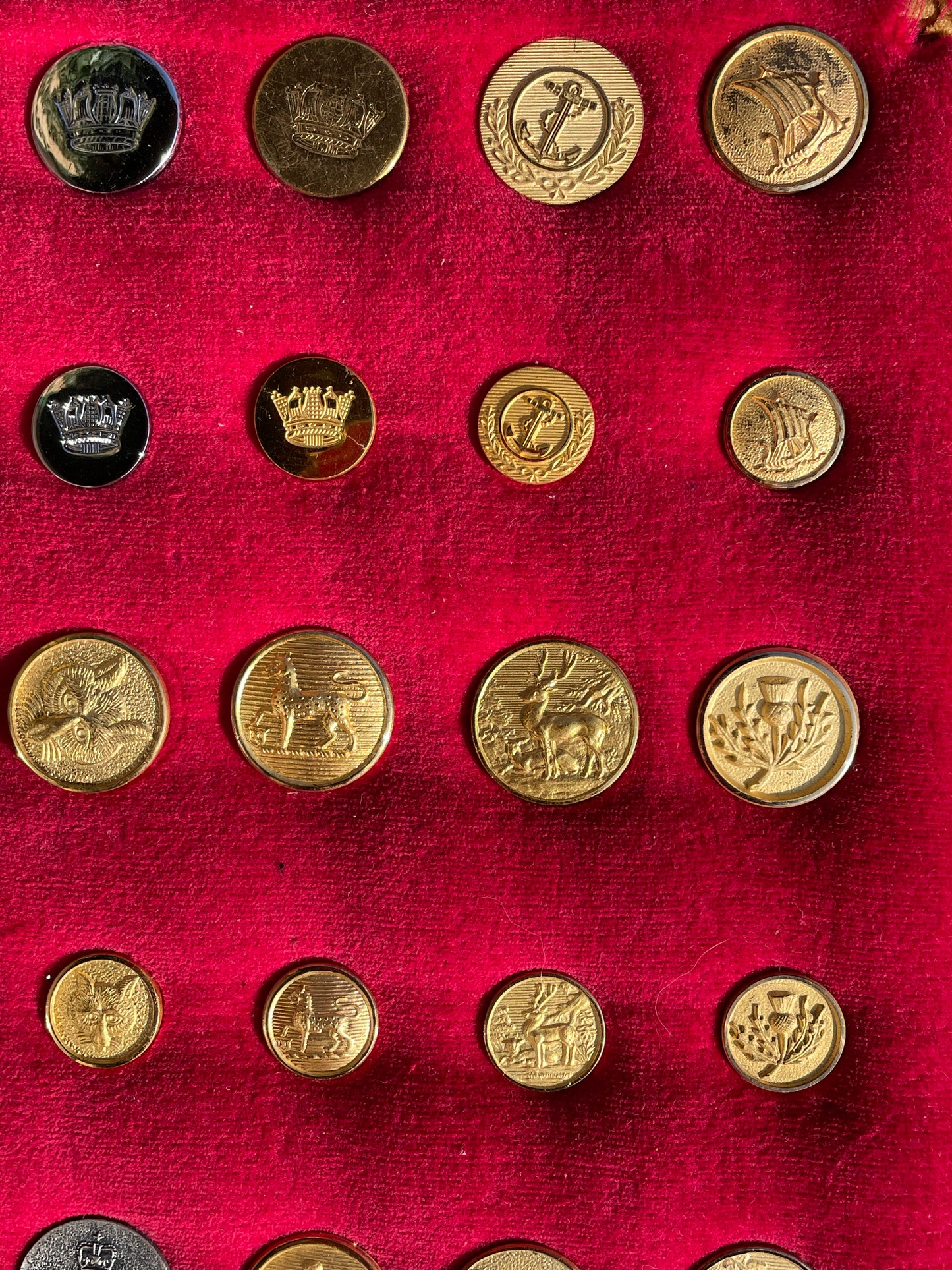 Large Lot Vintage Gilt Blazer Buttons Set c1950s–70s – Nautical, Crown, Animal & Sports Designs, Mixed Sizes on Velvet Display Board