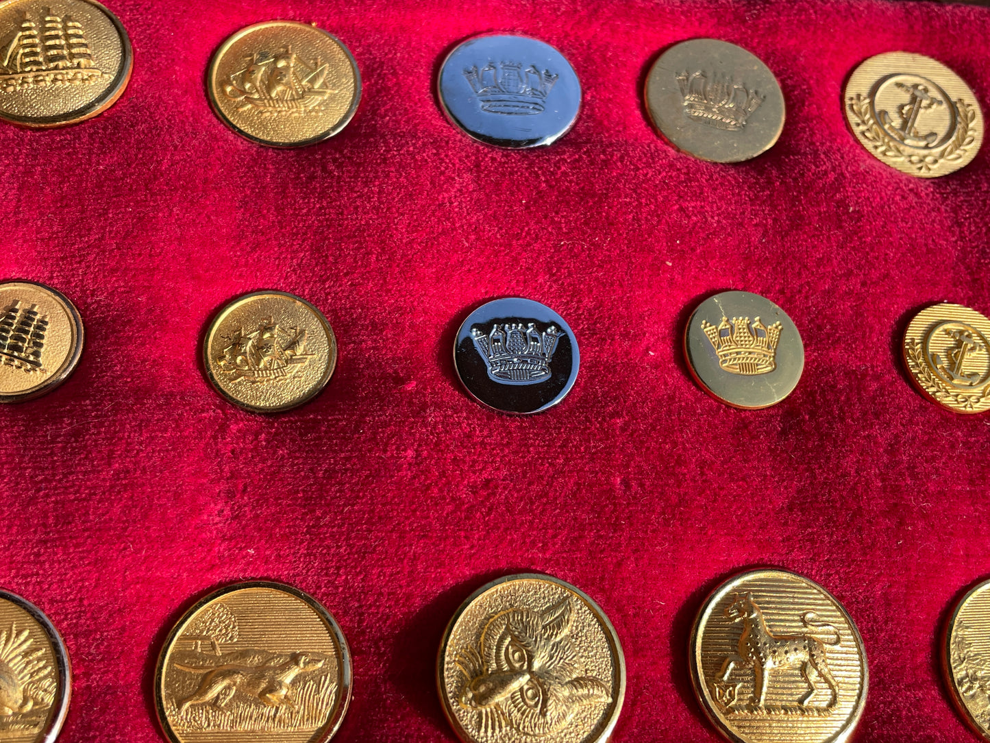 Large Lot Vintage Gilt Blazer Buttons Set c1950s–70s – Nautical, Crown, Animal & Sports Designs, Mixed Sizes on Velvet Display Board