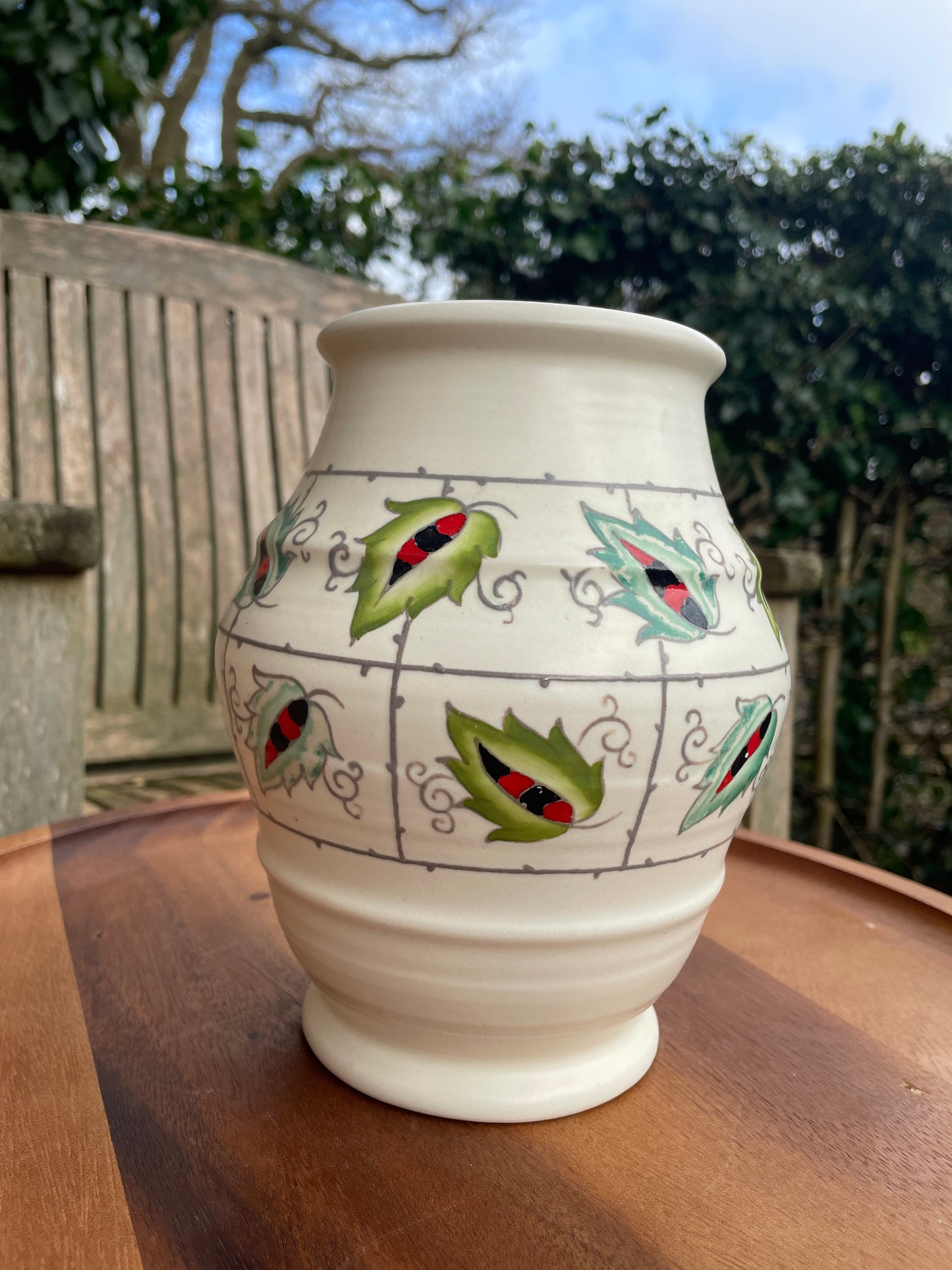 Charlotte Rhead for Crown Ducal Art Deco vase -Leaf and Trellis pattern 19cm tall