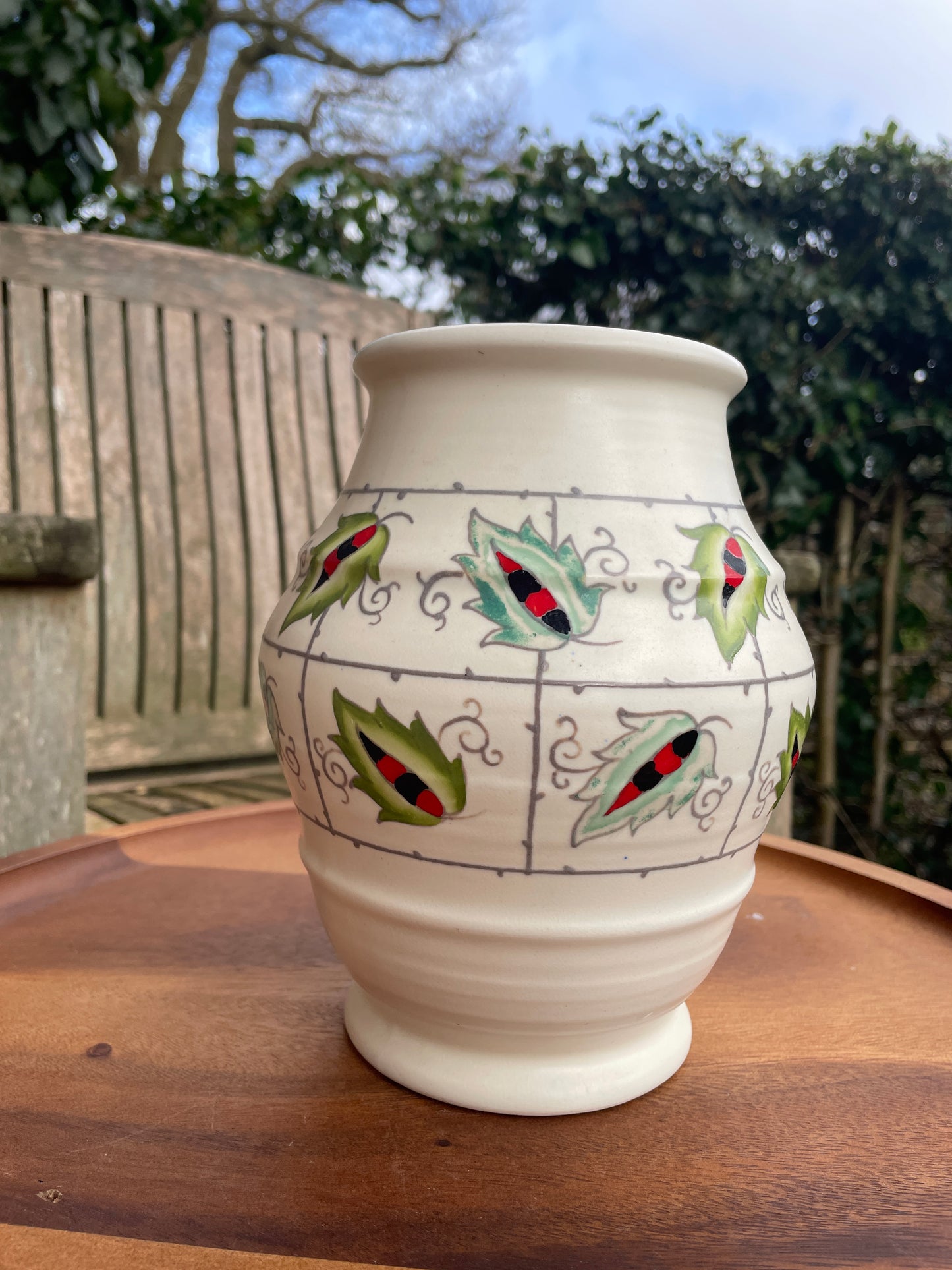 Charlotte Rhead for Crown Ducal Art Deco vase -Leaf and Trellis pattern 19cm tall