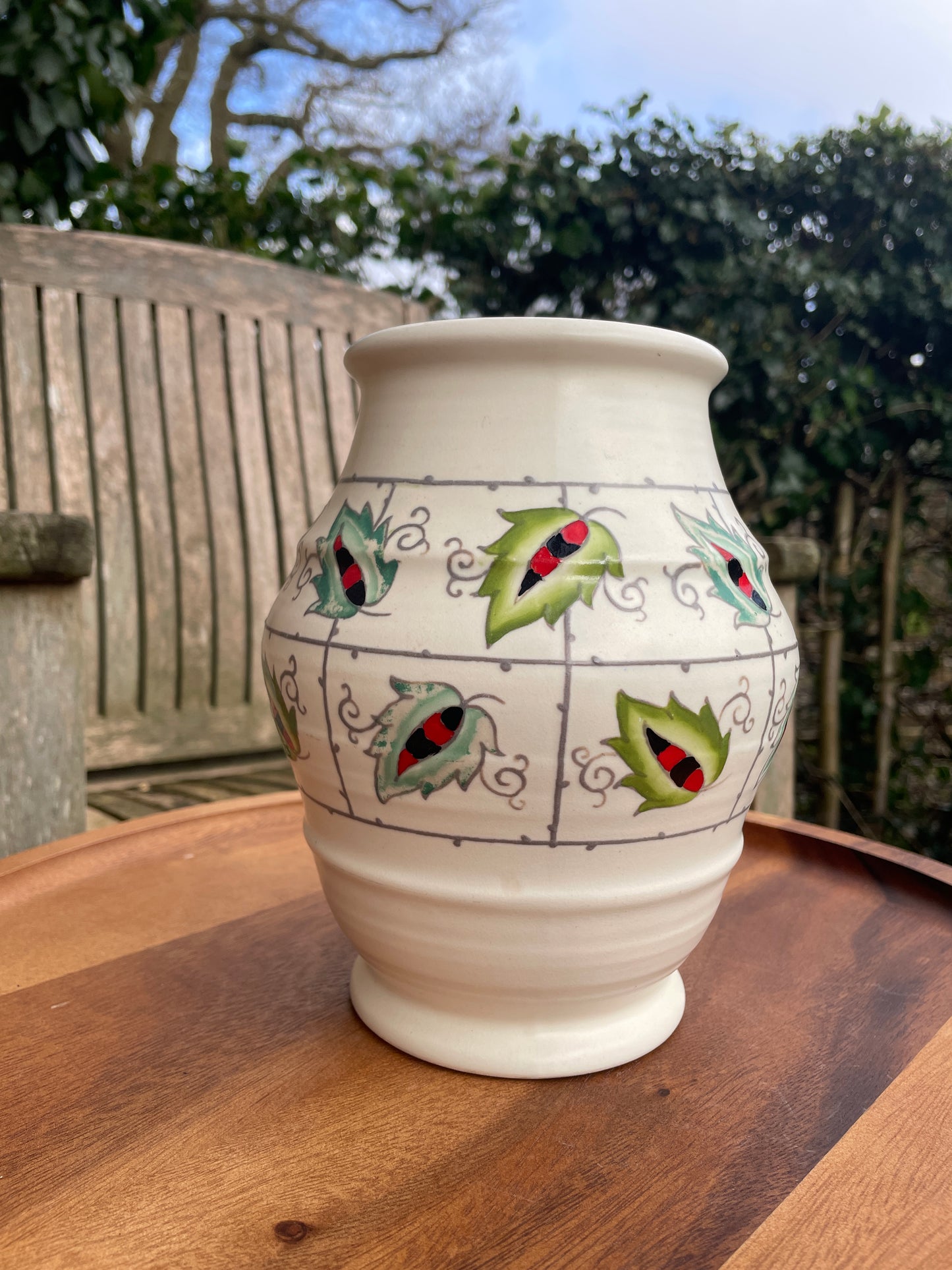 Charlotte Rhead for Crown Ducal Art Deco vase -Leaf and Trellis pattern 19cm tall