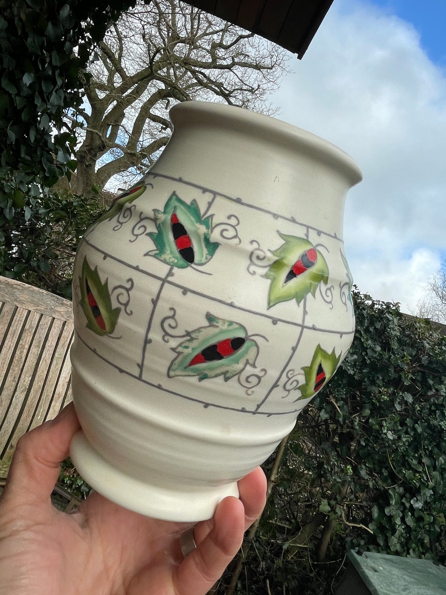 Charlotte Rhead for Crown Ducal Art Deco vase -Leaf and Trellis pattern 19cm tall