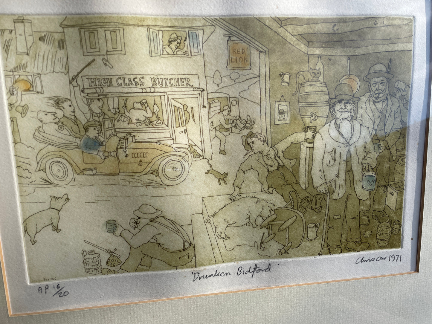 Chris Orr limited edition titled Drunken Bidford - signed 1971 - 63x45 frame