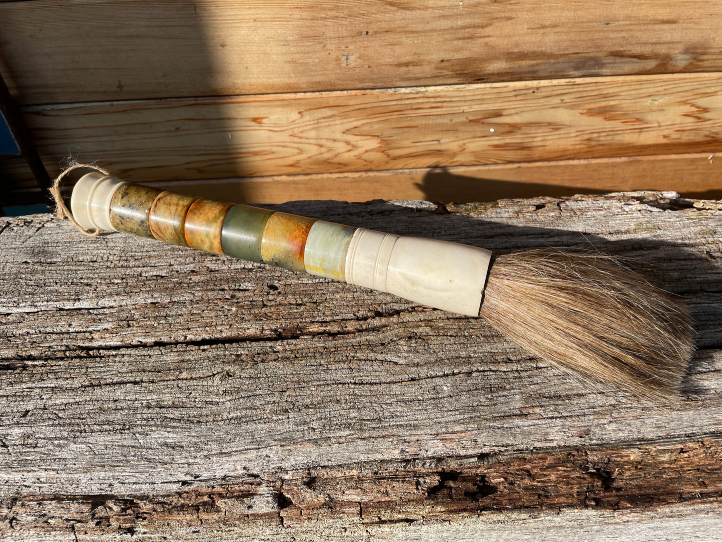 Antique Chinese Calligraphy Brush made of semi precious stone sections 37cm Lon