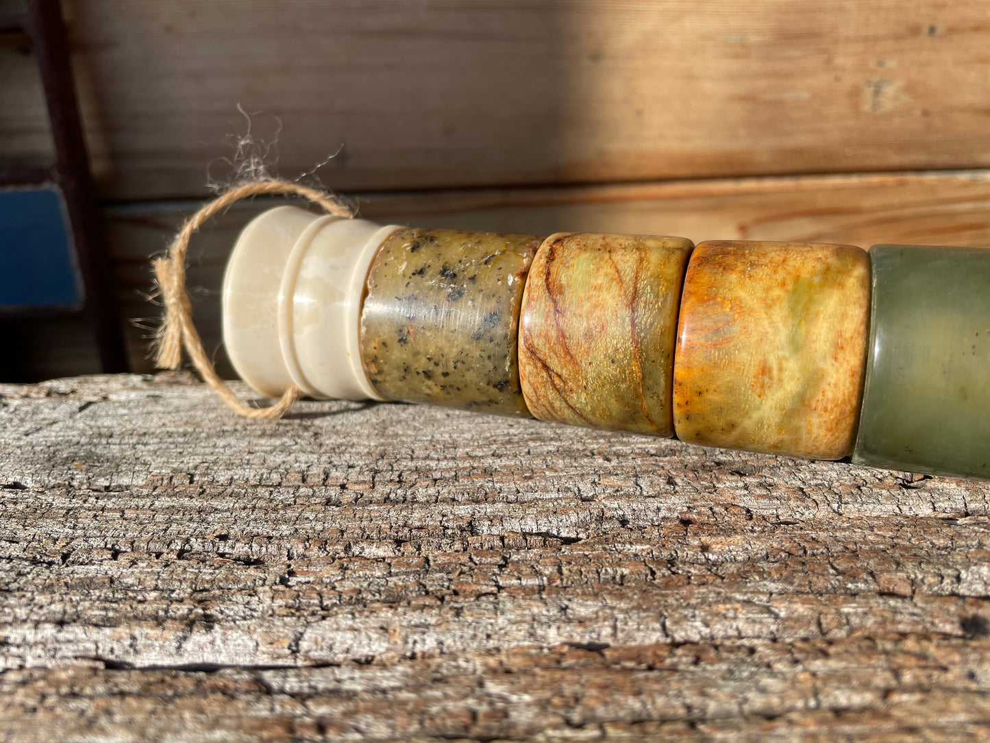 Antique Chinese Calligraphy Brush made of semi precious stone sections 37cm Lon